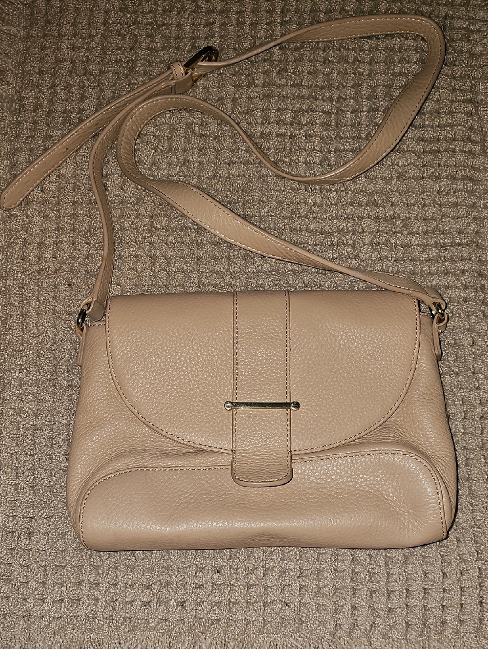 Talbots Taupe Pebbled Leather Crossbody with Gold Accent